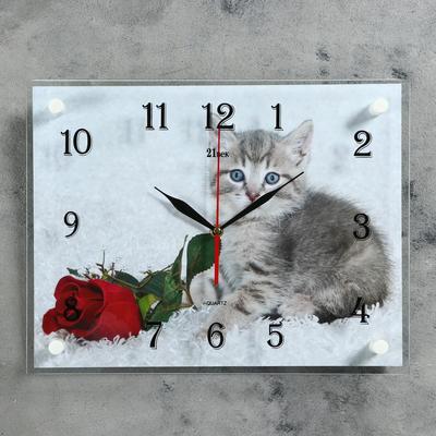 Часы настенные, серия: Животный мир, &quot;Котенок и роза&quot;, плавный ход, 30 х 40 см
