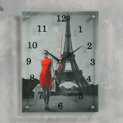 Часы настенные, серия: Город, &quot;Девушка в красном платье в Париже&quot;, 30х40 см