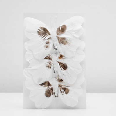 Бабочка для декора и флористики, на прищепке, пластиковая, белая, микс, 1 шт.,12 х 8,5 х 1 см