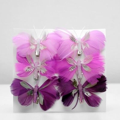 Бабочка для декора и флористики, на прищепке, пластиковая, сиреневый, микс, 1 шт., 8 х 5 х 1 см
