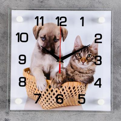 Часы настенные, серия: Животный мир, &quot;Щенок с котенком&quot;, плавный ход, 25 х 25 см