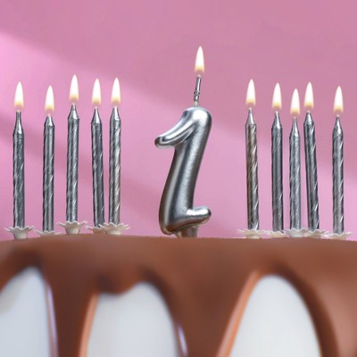 Набор свечей для торта (2 в 1) серебряная Цифра &quot;1&quot; + Свечи &quot;С Днём Рождения&quot; серебро 10шт