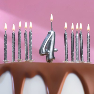 Набор свечей для торта (2 в 1) серебряная Цифра &quot;4&quot; + Свечи &quot;С Днём Рождения&quot; серебро 10шт