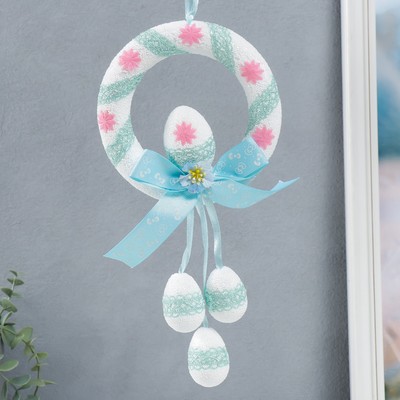 Декор пасхальный подвеска &quot;Веночек - яйцо с бантиком и цветком&quot; голубой 16 см