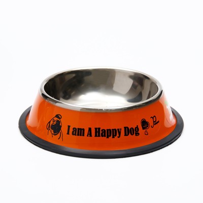 Миска железная с нескользящим основанием &quot;I am A Happy Dog&quot; 15 х 3,5 см, 230 мл, оранжевая