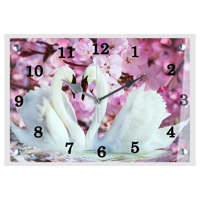 Часы настенные, серия: Животный мир, &quot;Два лебедя, сиреневые цветы&quot;, 25х35 см