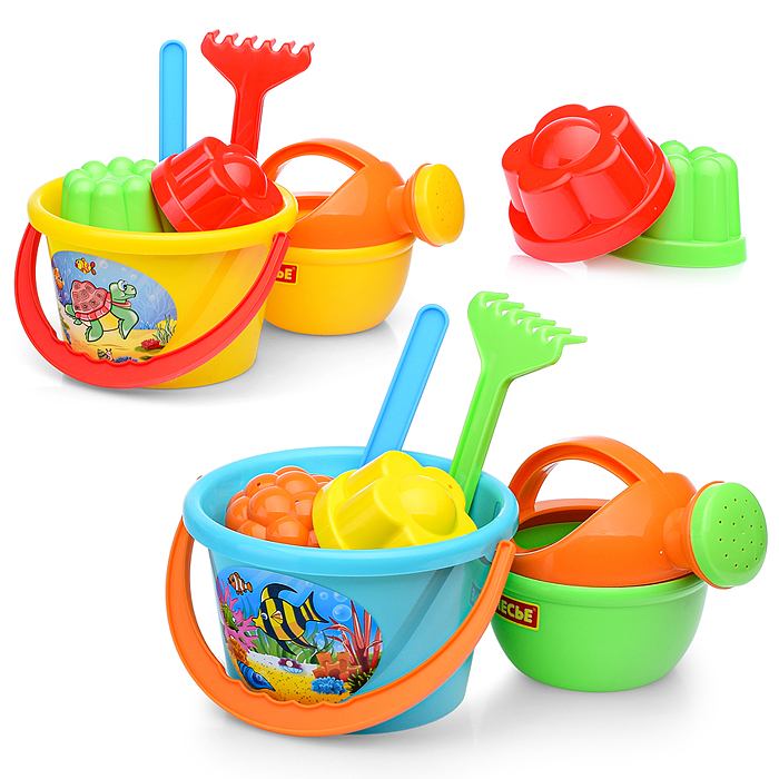 Набор №205: ведро среднее, лопатка, грабельки, 2 формочки, лейка малая №4 Набор №205: ведро среднее, лопатка, грабельки, 2 формочки, лейка малая №4