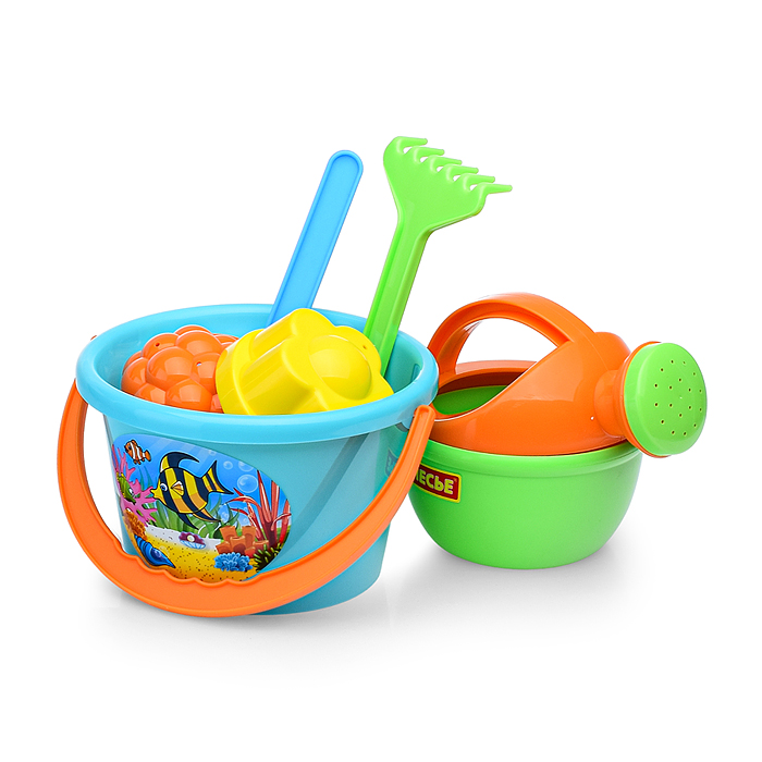 Фото к товару Набор №205: ведро среднее, лопатка, грабельки, 2 формочки, лейка малая №4 Набор №205: ведро среднее, лопатка, грабельки, 2 формочки, лейка малая №4