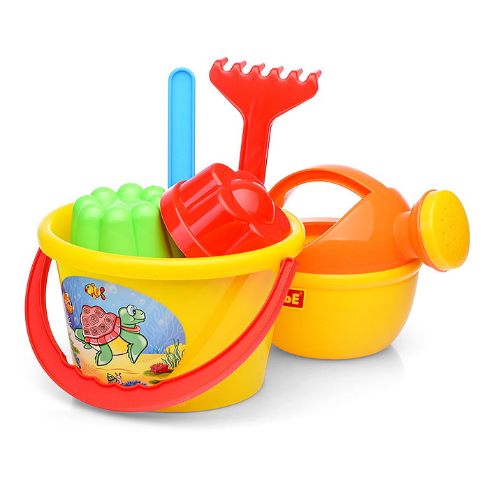 Фото к товару Набор №205: ведро среднее, лопатка, грабельки, 2 формочки, лейка малая №4 Набор №205: ведро среднее, лопатка, грабельки, 2 формочки, лейка малая №4