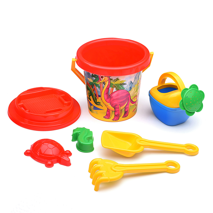 Фото к товару Песочный набор №5 ведро, паски, лейка, сито, лопата, грабли Песочный набор №5 ведро, паски, лейка, сито, лопата, грабли