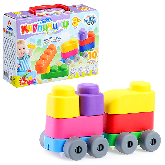 Конструктор "Мягкие кирпичики plus. Веселый транспорт" 10 дет+колесики Конструктор "Мягкие кирпичики plus. Веселый транспорт" 10 дет+колесики