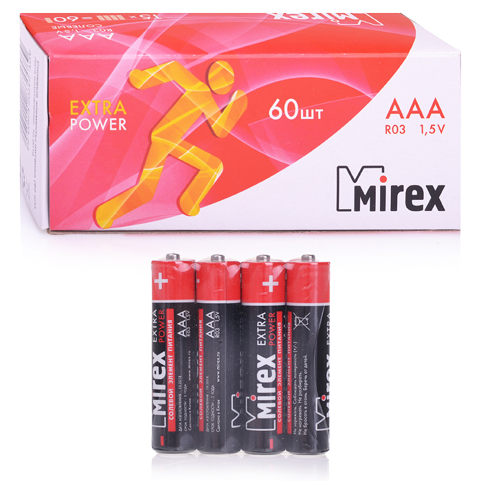 Батарея солевая Mirex R03 / AAA 1,5V, в упаковке 60 шт.,(4) Батарея солевая Mirex R03 / AAA 1,5V, в упаковке 60 шт.,(4)