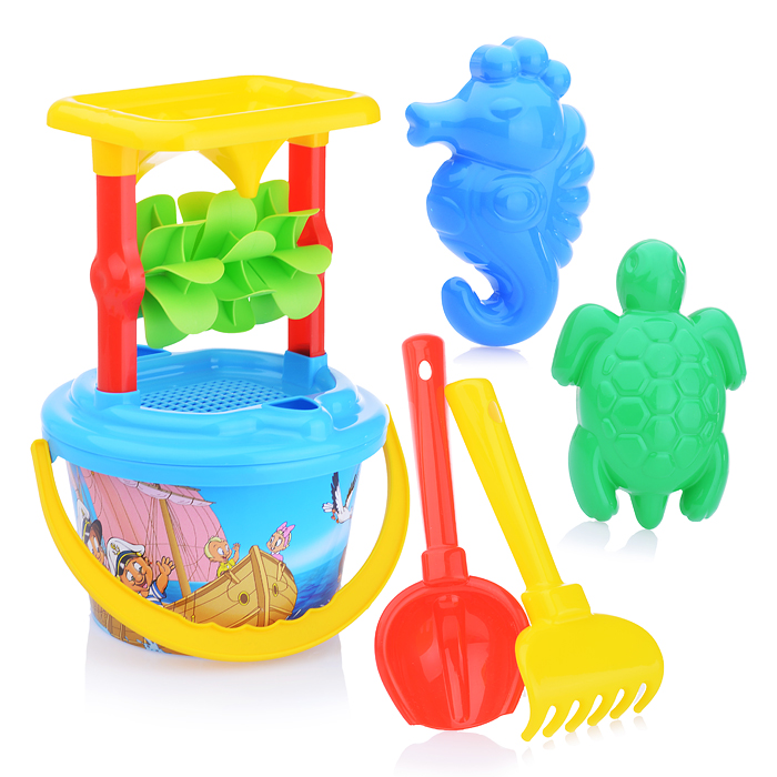 Набор №348: песочная мельница №2 с основанием ситечко среднее №2, ведро среднее с наклейкой, совок № Набор №348: песочная мельница №2 с основанием ситечко среднее №2, ведро среднее с наклейкой, совок №