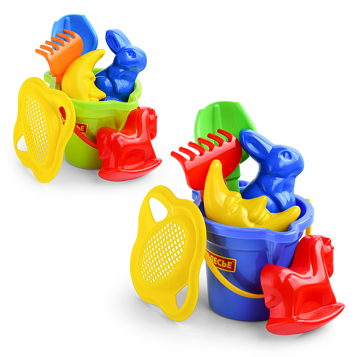 Набор №140: ведро малое с носиком, ситечко-цветок, совок №2, грабельки №2, формочки (заяц + лошадка Набор №140: ведро малое с носиком, ситечко-цветок, совок №2, грабельки №2, формочки (заяц + лошадка