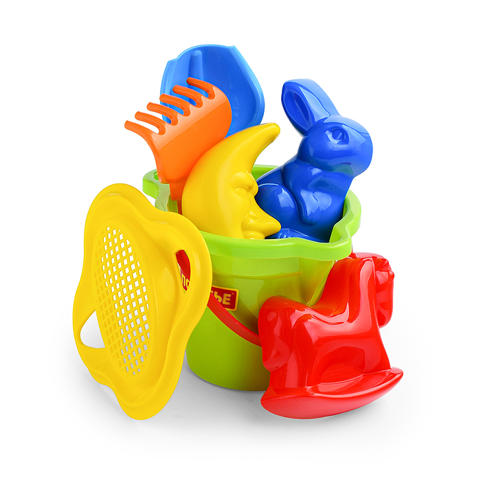 Фото к товару Набор №140: ведро малое с носиком, ситечко-цветок, совок №2, грабельки №2, формочки (заяц + лошадка Набор №140: ведро малое с носиком, ситечко-цветок, совок №2, грабельки №2, формочки (заяц + лошадка