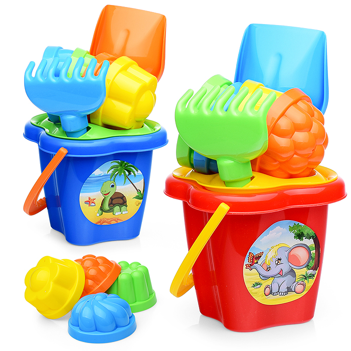 Набор №142: ведро-цветок среднее, ситечко-цветок, лопатка №5, грабельки №5, 4 формочки Набор №142: ведро-цветок среднее, ситечко-цветок, лопатка №5, грабельки №5, 4 формочки