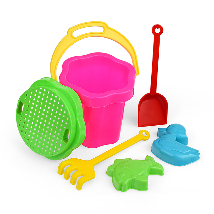 Фото к товару Песочный набор №103 (ведро-цветок 0,3 л, сито, грабли, совок, 2 формочки) Песочный набор №103 (ведро-цветок 0,3 л, сито, грабли, совок, 2 формочки)
