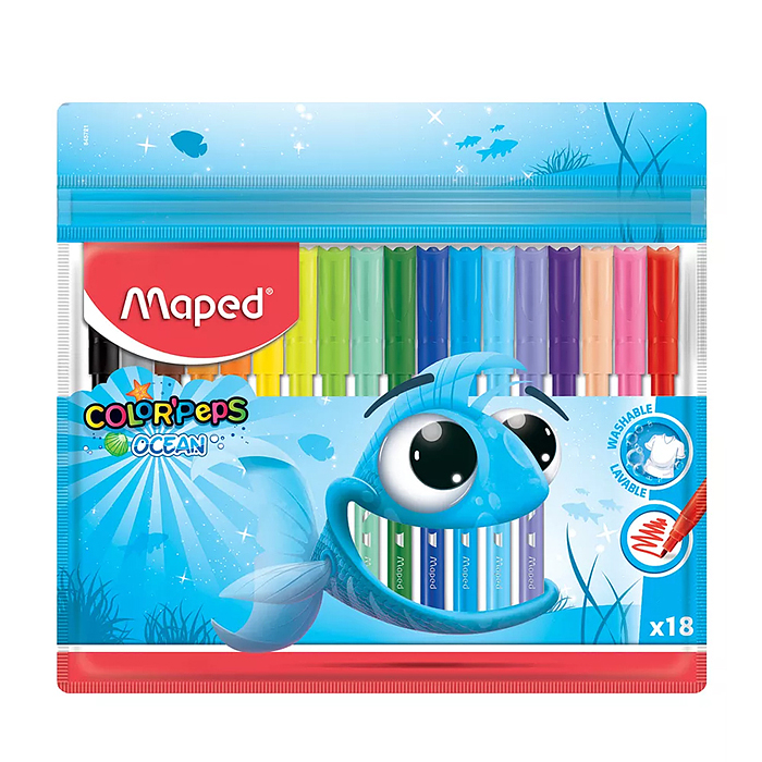 Фломастеры 18  цв "Color'peps ocean" с заблокированным пишущим узлом - супер смываемые ,в пакете с