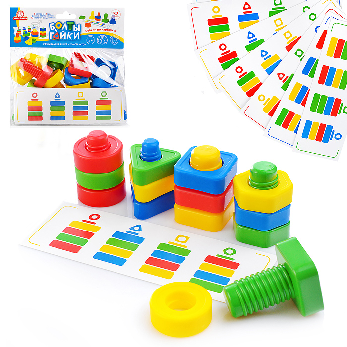 Конструктор "Болты и Гайки" тип 4 (8 болтов и 12 гаек, 12 карточек с заданиями), в пакете Конструктор "Болты и Гайки" тип 4 (8 болтов и 12 гаек, 12 карточек с заданиями), в пакете