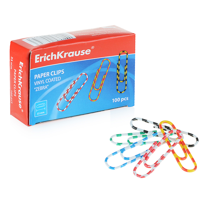 Скрепки металлические с виниловым покрытием Zebra цветные, 33мм