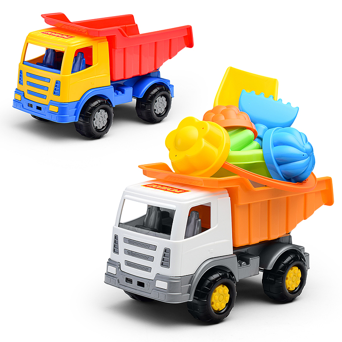 Набор №185: "Мираж", автомобиль-самосвал + ведро-цветок среднее, лопатка №5, грабельки №5, 4 формочк Набор №185: "Мираж", автомобиль-самосвал + ведро-цветок среднее, лопатка №5, грабельки №5, 4 формочк