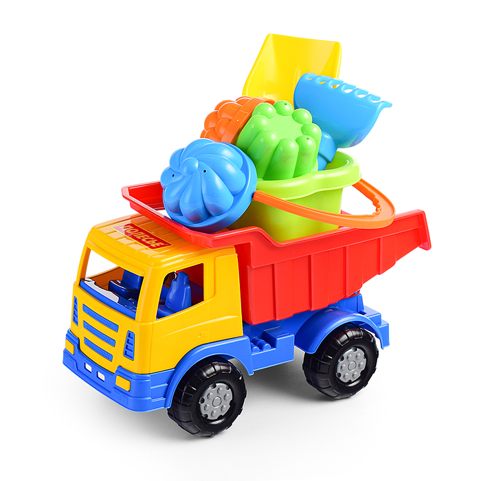 Фото к товару Набор №185: "Мираж", автомобиль-самосвал + ведро-цветок среднее, лопатка №5, грабельки №5, 4 формочк Набор №185: "Мираж", автомобиль-самосвал + ведро-цветок среднее, лопатка №5, грабельки №5, 4 формочк