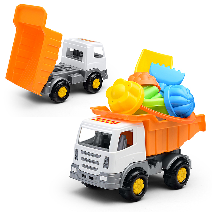 Фото к товару Набор №185: "Мираж", автомобиль-самосвал + ведро-цветок среднее, лопатка №5, грабельки №5, 4 формочк Набор №185: "Мираж", автомобиль-самосвал + ведро-цветок среднее, лопатка №5, грабельки №5, 4 формочк
