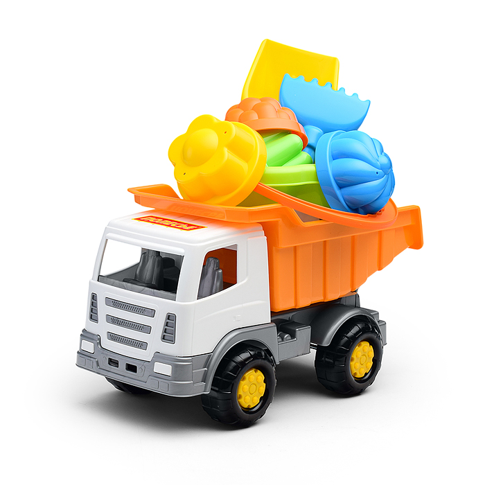 Фото к товару Набор №185: "Мираж", автомобиль-самосвал + ведро-цветок среднее, лопатка №5, грабельки №5, 4 формочк Набор №185: "Мираж", автомобиль-самосвал + ведро-цветок среднее, лопатка №5, грабельки №5, 4 формочк