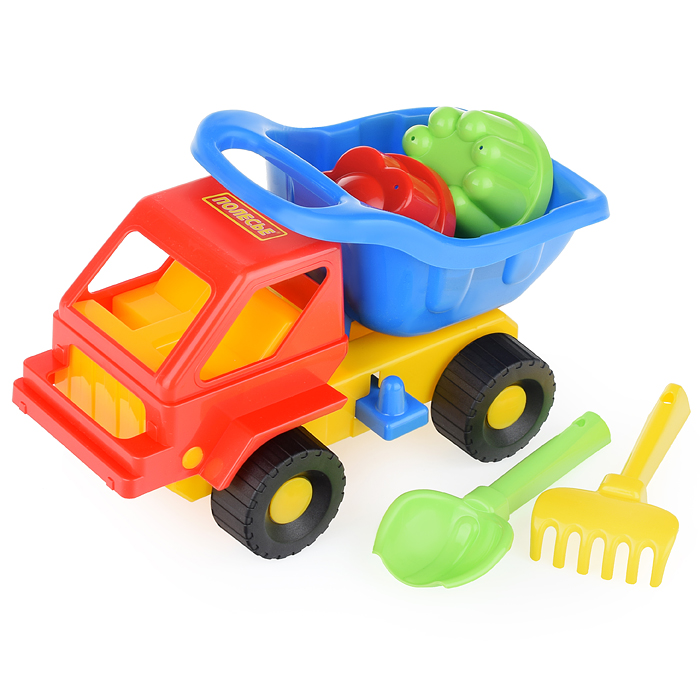 Набор №48: "Кузя-2", автомобиль-самосвал + совок №2, грабельки №2, 2 формочки Набор №48: "Кузя-2", автомобиль-самосвал + совок №2, грабельки №2, 2 формочки
