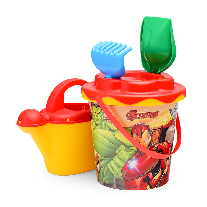Фото к товару Набор MARVEL «Мстители» №6: ведро с наклейкой, ситечко "Солнышко", лопатка №5, грабельки №5, лейка № Набор MARVEL «Мстители» №6: ведро с наклейкой, ситечко "Солнышко", лопатка №5, грабельки №5, лейка №