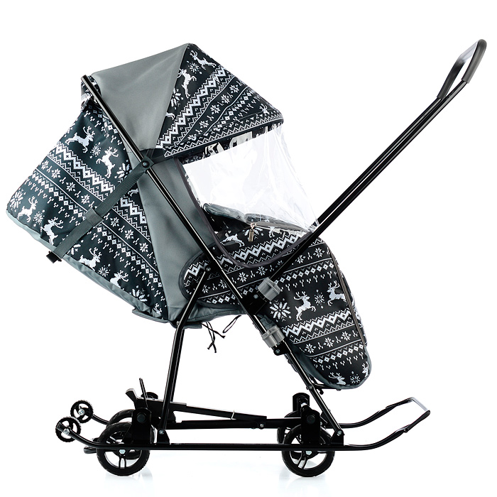 Фото к товару Санки-коляска Снежинка универсал-1 (олени на черном) Санки-коляска Снежинка универсал-1 (олени на черном)