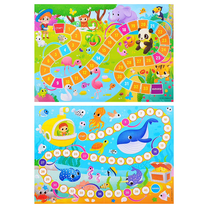 Фото к товару Игра-ходилка с фишками для малышей 2в1. В зоопарке+В океане Игра-ходилка с фишками для малышей 2в1. В зоопарке+В океане