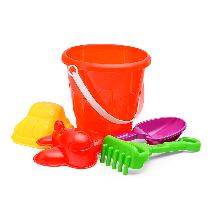 Фото к товару Набор песочный №13 (ведро+лопатка+грабли+2 формочки транспорт) Набор песочный №13 (ведро+лопатка+грабли+2 формочки транспорт)