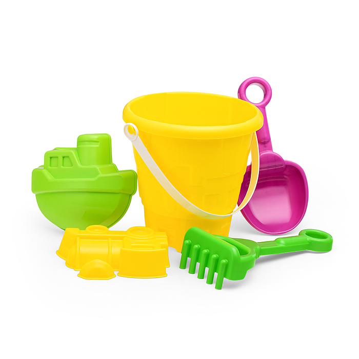 Фото к товару Набор песочный №13 (ведро+лопатка+грабли+2 формочки транспорт) Набор песочный №13 (ведро+лопатка+грабли+2 формочки транспорт)