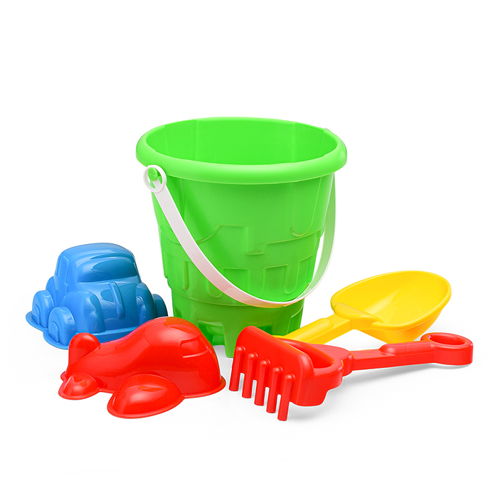 Фото к товару Набор песочный №13 (ведро+лопатка+грабли+2 формочки транспорт) Набор песочный №13 (ведро+лопатка+грабли+2 формочки транспорт)