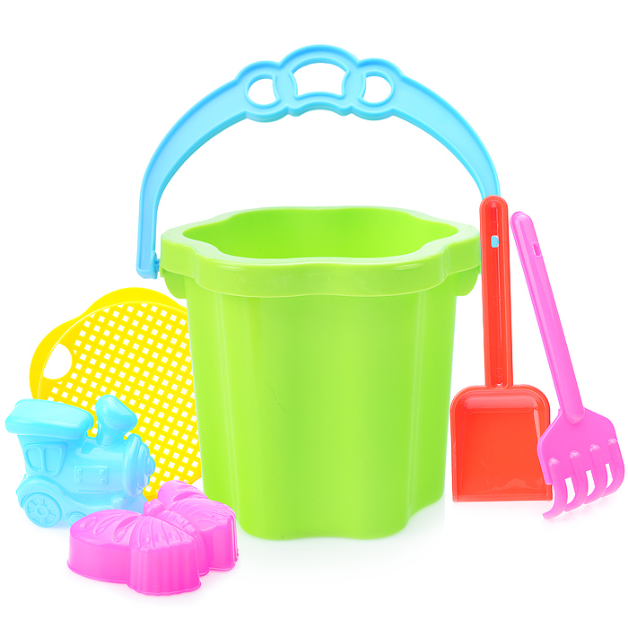 Песочный набор № 105 (ведро-цветок 0,7 л, сито, грабли 20см, совок 21 см, 2 формочки) Песочный набор № 105 (ведро-цветок 0,7 л, сито, грабли 20см, совок 21 см, 2 формочки)
