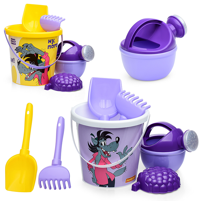 Набор "Ну, погоди!" №5: ведро с наклейкой, лопатка №5, грабельки №5, формочка (малина), лейка малая Набор "Ну, погоди!" №5: ведро с наклейкой, лопатка №5, грабельки №5, формочка (малина), лейка малая