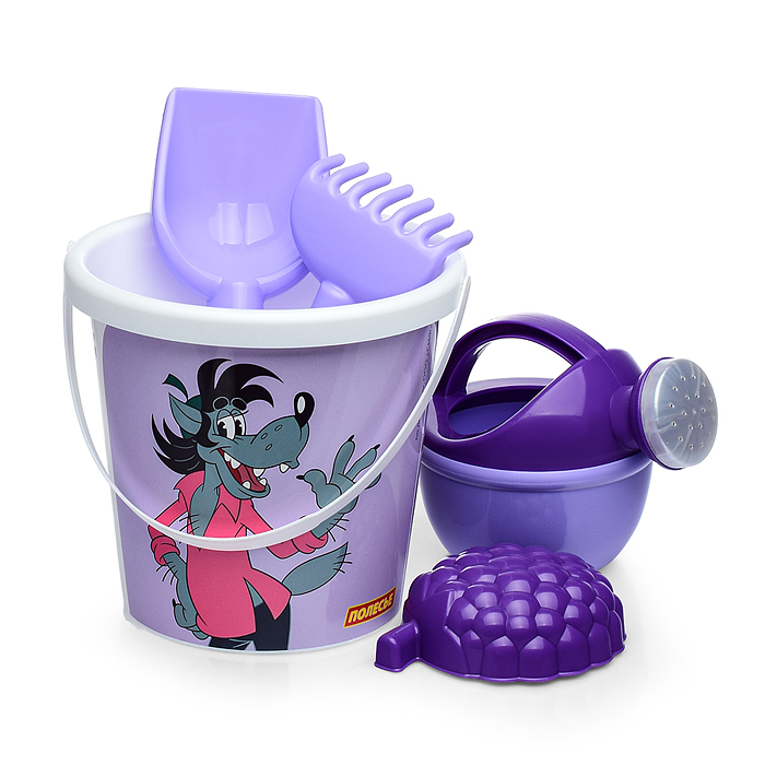 Фото к товару Набор "Ну, погоди!" №5: ведро с наклейкой, лопатка №5, грабельки №5, формочка (малина), лейка малая Набор "Ну, погоди!" №5: ведро с наклейкой, лопатка №5, грабельки №5, формочка (малина), лейка малая