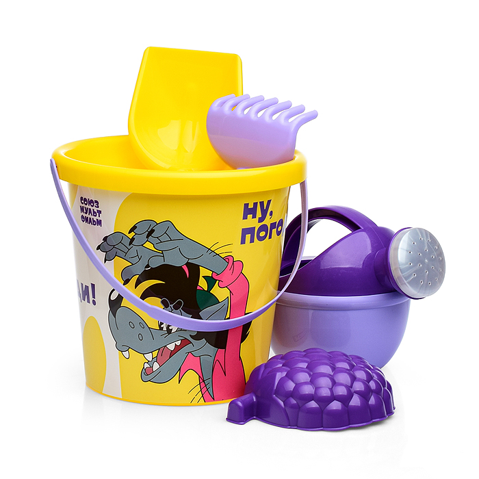 Фото к товару Набор "Ну, погоди!" №5: ведро с наклейкой, лопатка №5, грабельки №5, формочка (малина), лейка малая Набор "Ну, погоди!" №5: ведро с наклейкой, лопатка №5, грабельки №5, формочка (малина), лейка малая