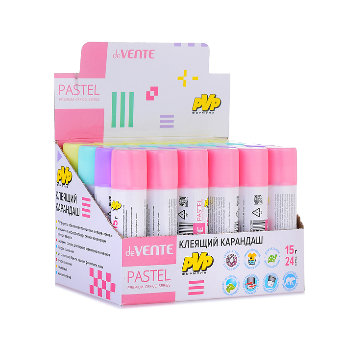 Фото к товару Клеящий карандаш PVP основа "Pastel" 15 г (быстросохнущий) в картонном дисплее с пластиковы Клеящий карандаш PVP основа "Pastel" 15 г (быстросохнущий) в картонном дисплее с пластиковы