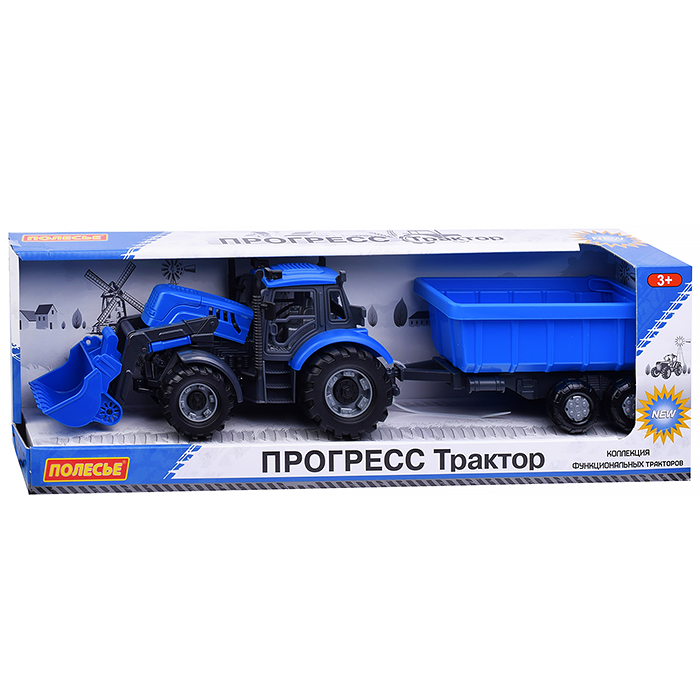 Фото к товару Трактор "Прогресс" с прицепом и ковшом инерционный (синий) (в коробке) Трактор "Прогресс" с прицепом и ковшом инерционный (синий) (в коробке)