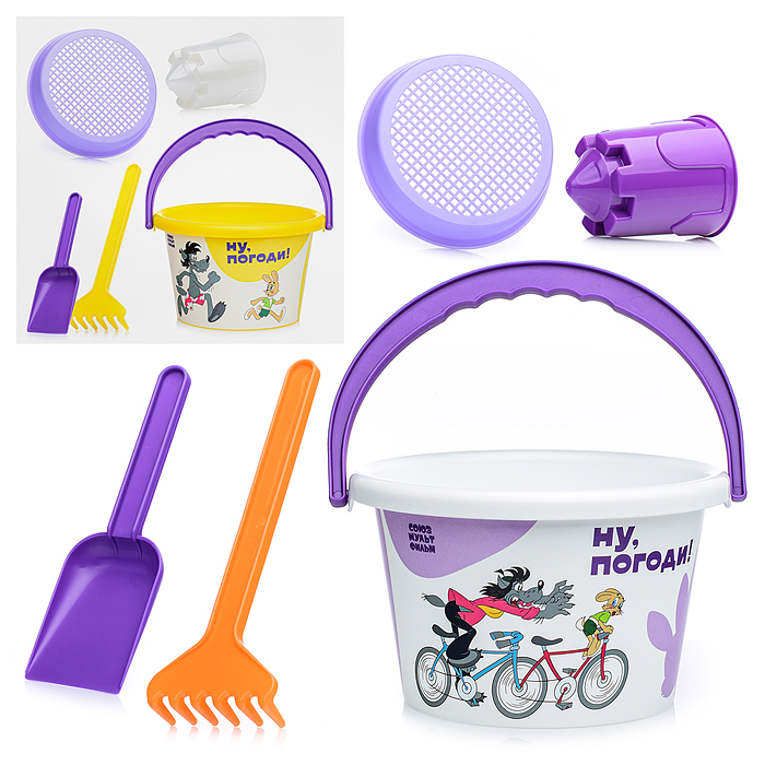 Набор "Ну, погоди!" №4: ведро среднее с наклейкой, ситечко, лопатка, грабельки, формочка (замок башн Набор "Ну, погоди!" №4: ведро среднее с наклейкой, ситечко, лопатка, грабельки, формочка (замок башн