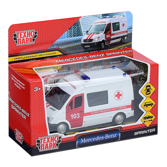 Фото к товару Машина "Mercedes-Benz sprinter Скорая" 14см, (открыв. двери) инерц. в коробке Машина "Mercedes-Benz sprinter Скорая" 14см, (открыв. двери) инерц. в коробке