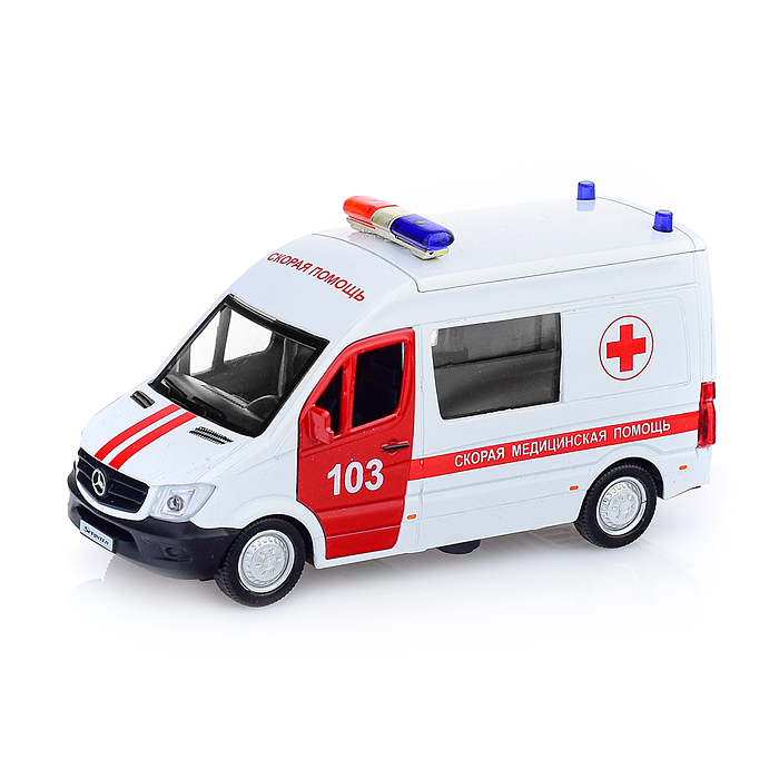 Фото к товару Машина "Mercedes-Benz sprinter Скорая" 14см, (открыв. двери) инерц. в коробке Машина "Mercedes-Benz sprinter Скорая" 14см, (открыв. двери) инерц. в коробке