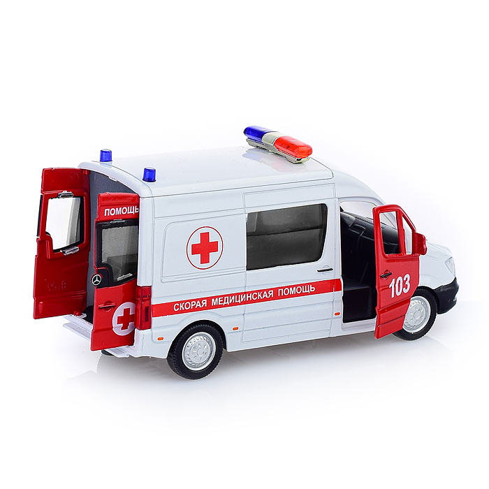 Фото к товару Машина "Mercedes-Benz sprinter Скорая" 14см, (открыв. двери) инерц. в коробке Машина "Mercedes-Benz sprinter Скорая" 14см, (открыв. двери) инерц. в коробке