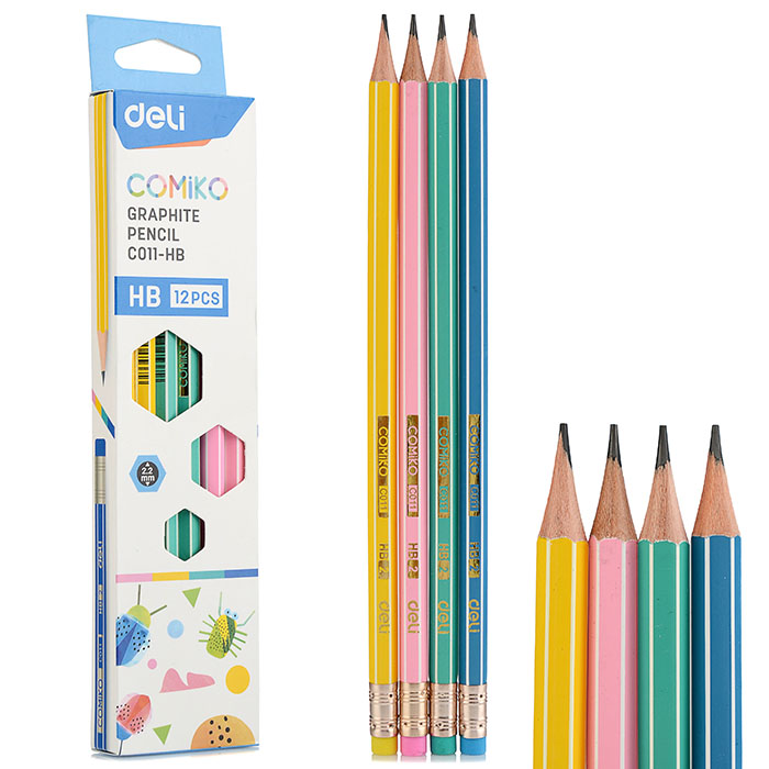 Карандаш чернографит. HB Comiko шестигран. липа, ластик, в коробке 12 штук