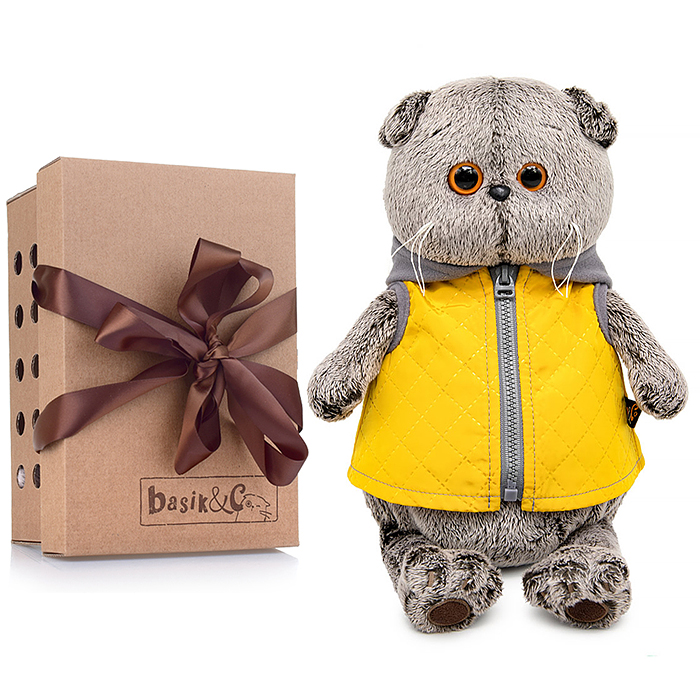 Кот Басик в желтой жилетке с серым капюшоном 22см Кот Басик в желтой жилетке с серым капюшоном 22см