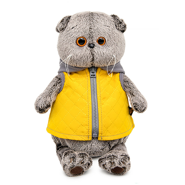 Фото к товару Кот Басик в желтой жилетке с серым капюшоном 22см Кот Басик в желтой жилетке с серым капюшоном 22см