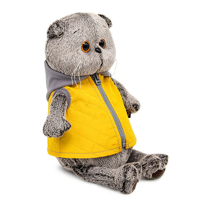 Фото к товару Кот Басик в желтой жилетке с серым капюшоном 22см Кот Басик в желтой жилетке с серым капюшоном 22см