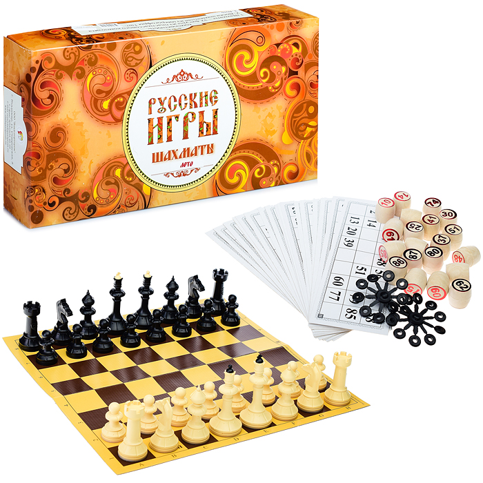 Набор "Русские игры" (шахматы, лото (бочонок из древопласта), доска из микрогофры) Набор "Русские игры" (шахматы, лото (бочонок из древопласта), доска из микрогофры)
